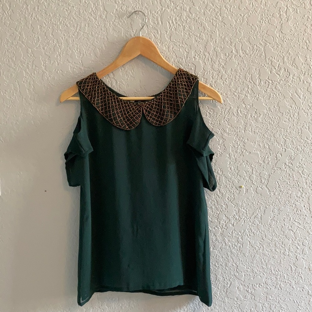 Cold shoulder green beaded Peter Pan collar top
